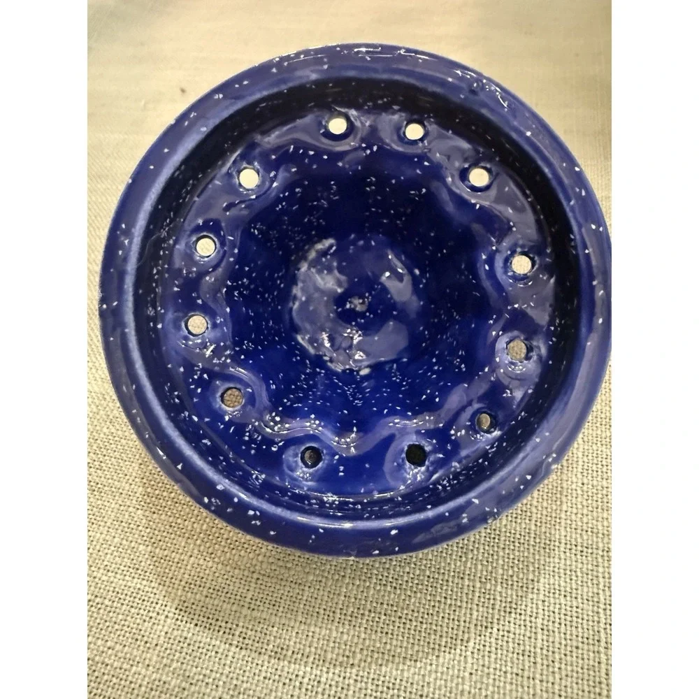 Vintage Rare Blue And White Speckled Ceramic Juicer And Small Pitcher